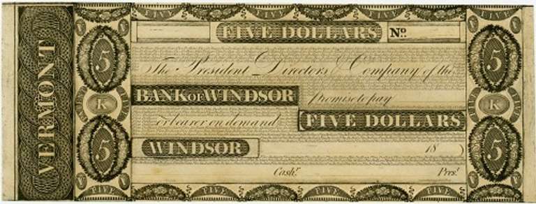 Crisp Exceptional 1800's $5 Bank Of Windsor Vermont!