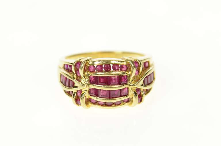 14K Yellow Gold Ornate Ruby Encrusted Row Statement Ring