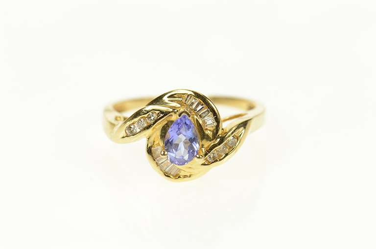 14K Yellow Gold Tanzanite Diamond Swirl Halo Statement Ring