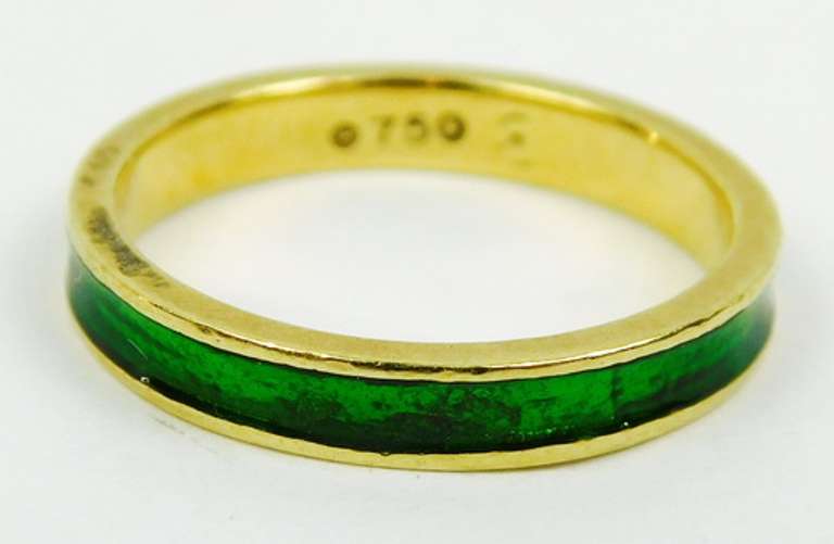 18K Yellow Gold Green Enameled Ring, Size 7