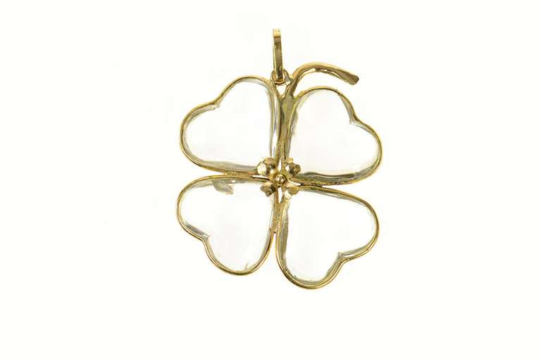 18K Yellow Gold Retro Glass Heart Shamrock Clover Lucky Pendant