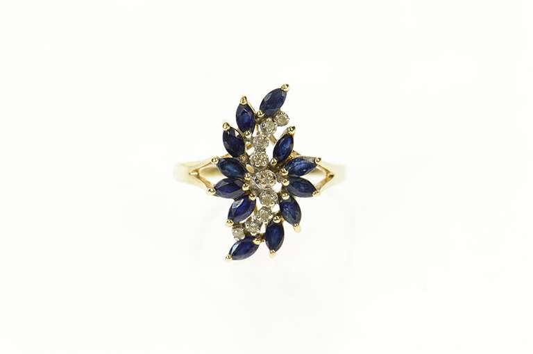10K Yellow Gold Marquise Sapphire Diamond Wavy Statement Ring