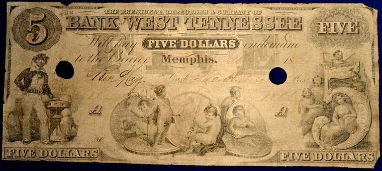 Bank Of West Tennessee, Memphis. Five Dollars 1861 Punch Cancelled. Circulated.