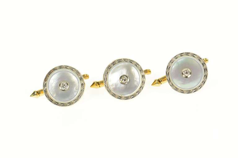 14K Yellow Gold Art Deco Mother of Pearl Diamond Tuxedo Cuff Links