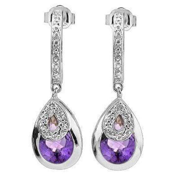 2.61 CARAT AMETHYST & DIAMOND 925 STERLING SILVER DANGLE EARRINGS