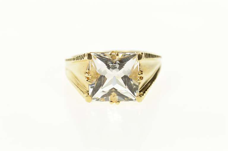 14K Yellow Gold Princess Cut CZ Ornate Squared Statement Ring