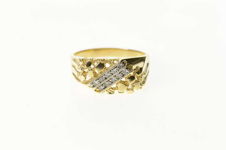 14K Yellow Gold Men's Squared Textured Nugget Diamond Ring