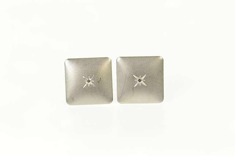 14K White Gold Classic Retro Diamond Satin Finish Squared Cuff Links