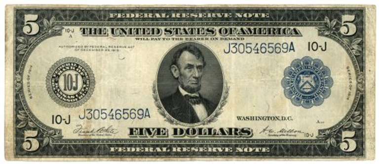 Scarce 1914 Series Large Size $5 Fed Res Note of KC (10-J)