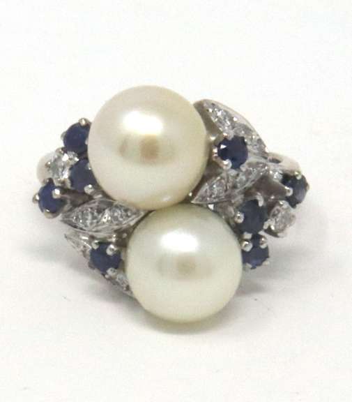 Handsome 18kt Double Pearl Ring w Sapphire and Diamonds