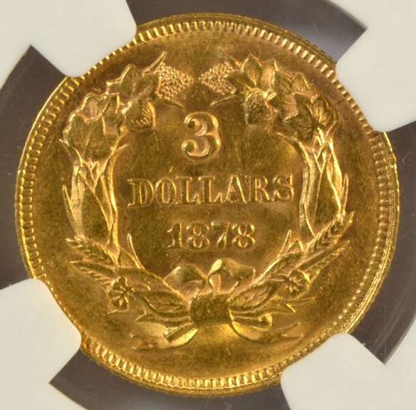 Super Near BU 1878 US $3 Gold Piece. NGC AU58