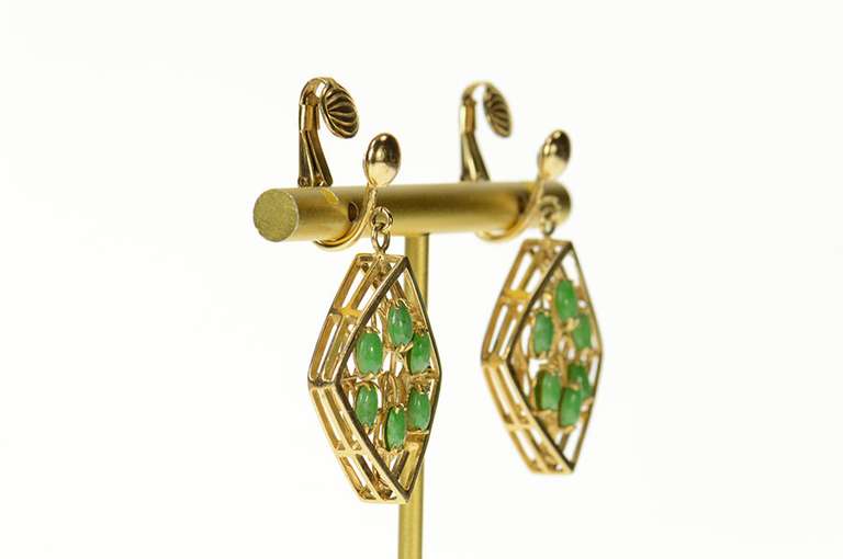 14K Yellow Gold 1960's Jade Ornate Squared Layered Look Clip Earrings