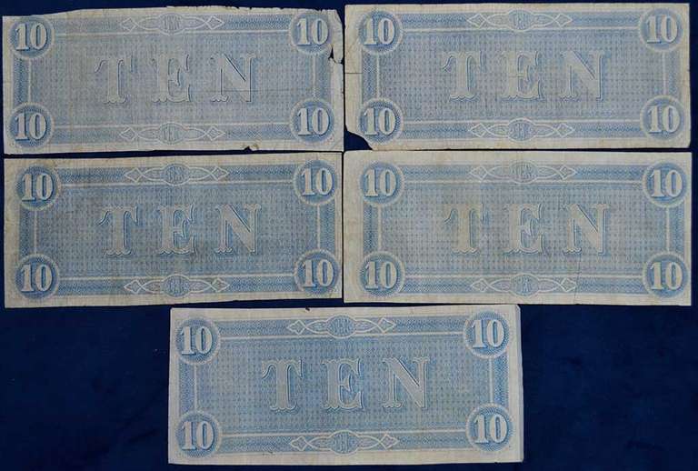 Lot Of 5 Confederate Circulated $10 Bills.