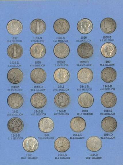 Collection of 64 different Mercury Dimes in album with a 1921.
