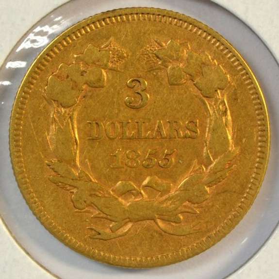 Rare attractive 1855 US $3 Gold Piece. Nice