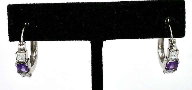 Cute Amethyst & CZ Hoop Earrings in Sterling Silver