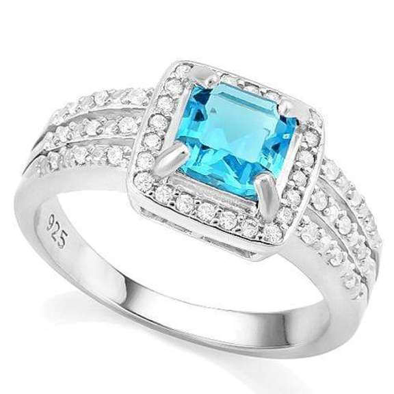 CREATED BLUE TOPAZ & 1/4 CARAT CREATED WHITE SAPPHIRE 925 STERLING SILVER RING
