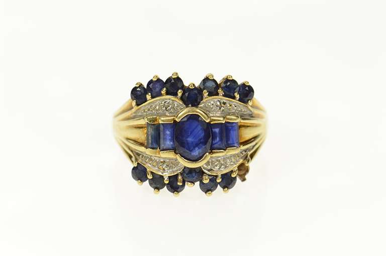 10K Yellow Gold Oval Sapphire Diamond Tiered Statement Ring