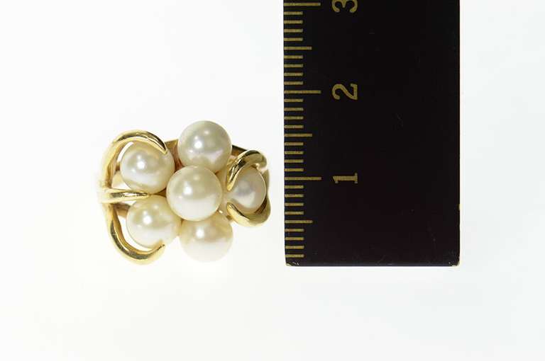 14K Yellow Gold Retro Ornate Pearl Cluster Statement Cocktail Ring