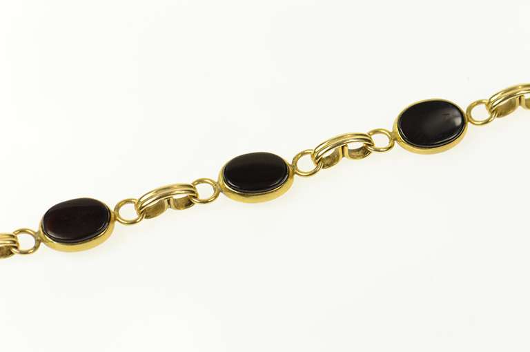 14K Yellow Gold Retro Oval Black Onyx Statement Chain Bracelet