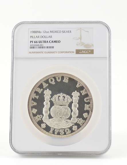 PF66 UCAM 1988 Mo Mexico Pillar Dollar - 12 Oz .999 Fine Silver - NGC