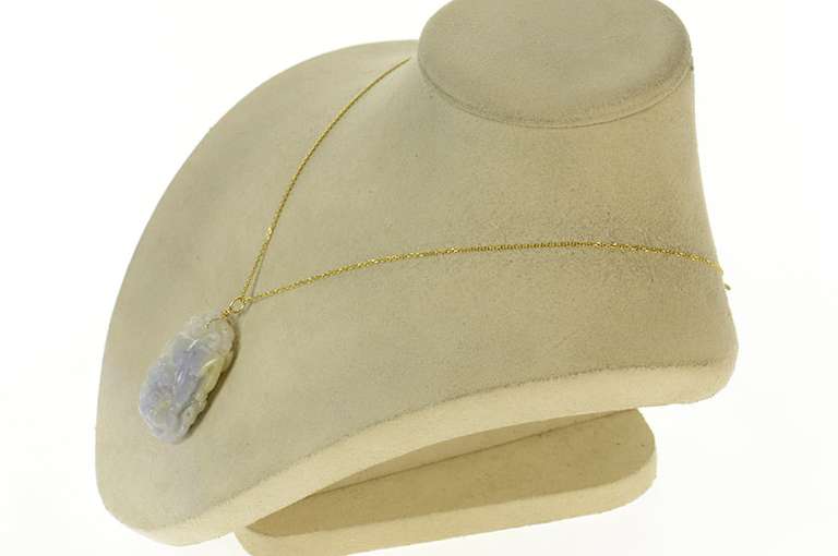 14K Yellow Gold Carved Green & Lavender Jadeite Cat Dragon Pendant