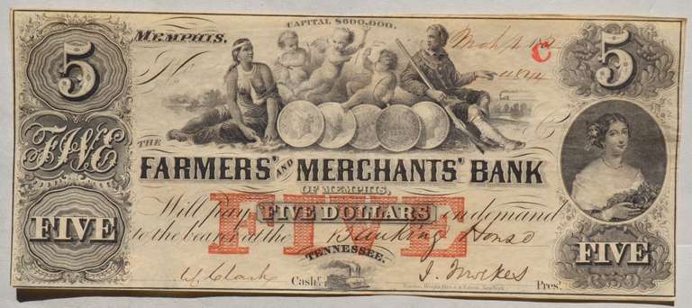 $ 5 Farmers &Merchants Bank 1852 Memphis Tenn Choice Uncirculated