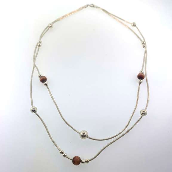 Sterling silver double strand necklace with orangish/brown and silver beads