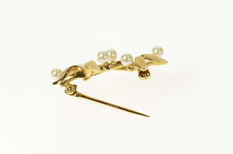 14K Yellow Gold Pearl Tree Vine Leaf Motif Statement Pin/Brooch