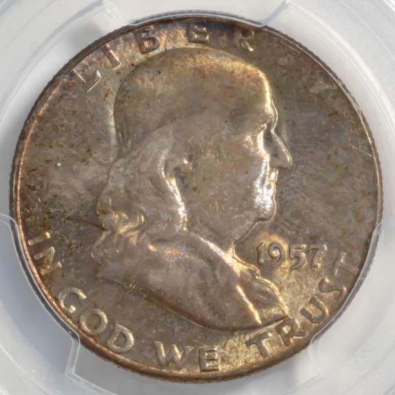 Toned 1957 PCGS MS 65 + Franklin Half Dollar