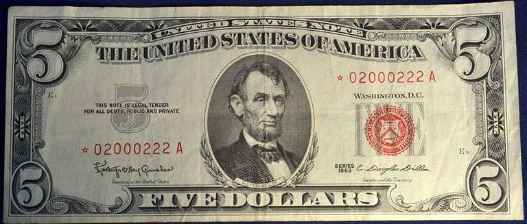 Series 1963 $5 Red Seal Star Note Fancy Serial Number (02000222)