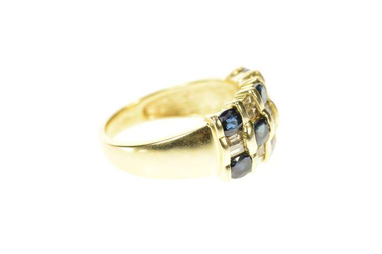 14K Yellow Gold Sapphire Baguette Diamond Checked Band Ring