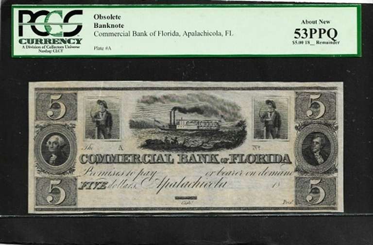Scarce 1800's $5 Commercial Bank Of Apalachicola FL PCGS 53 PPQ Rare Grade!