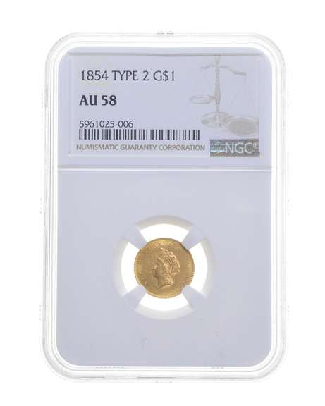 AU58 1854 $1 Indian Princess Head Gold Dollar - Type 2 - Graded NGC
