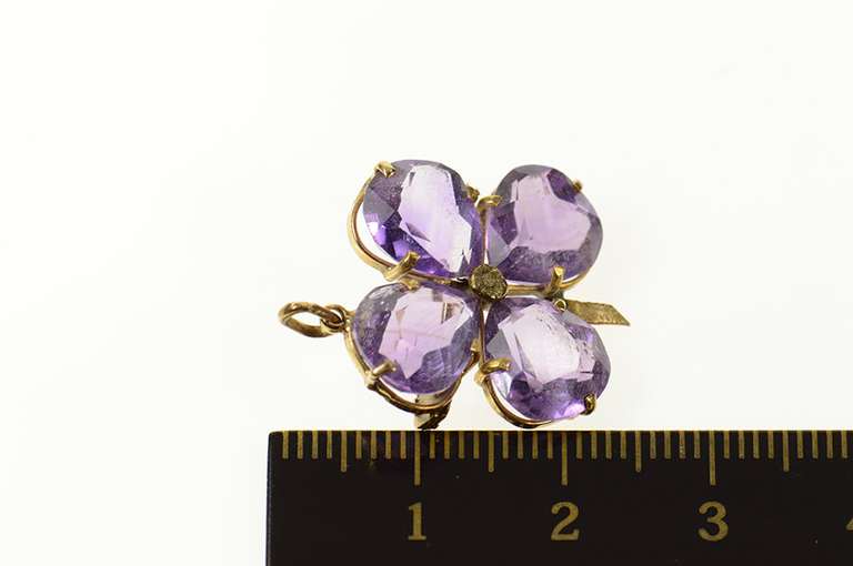 18K Yellow Gold Pear Amethyst Four Leaf Clover Shamrock Pin/Brooch