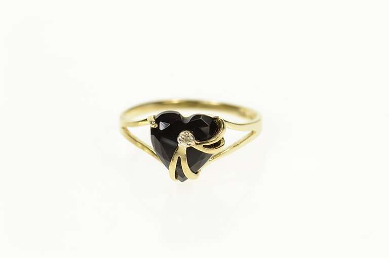 10K Yellow Gold Black Onyx Heart Love Symbol Diamond Ring