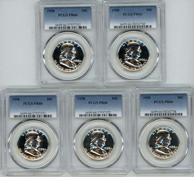 5 Superb Gem Proof 1958 Franklin Half Dollars. PCGS PR66