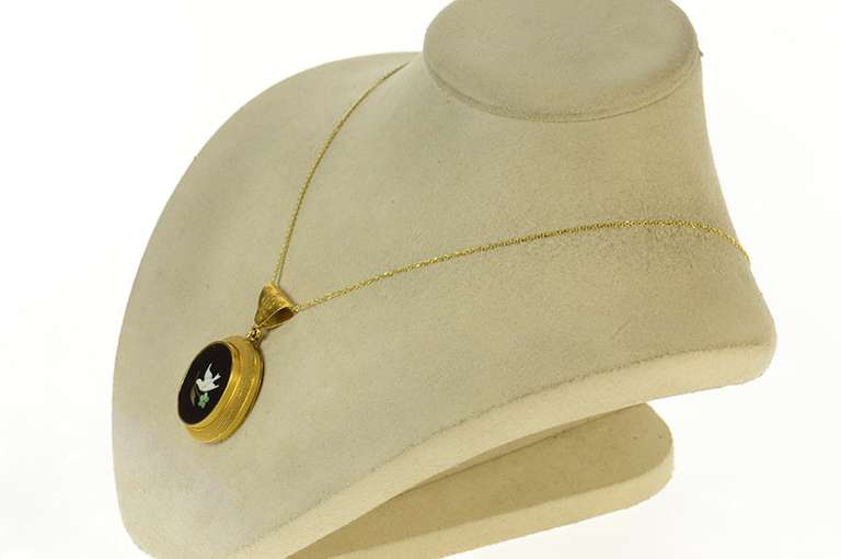 18K Yellow Gold Black Onyx Mosaic Dove Mourning Photo Locket Pendant