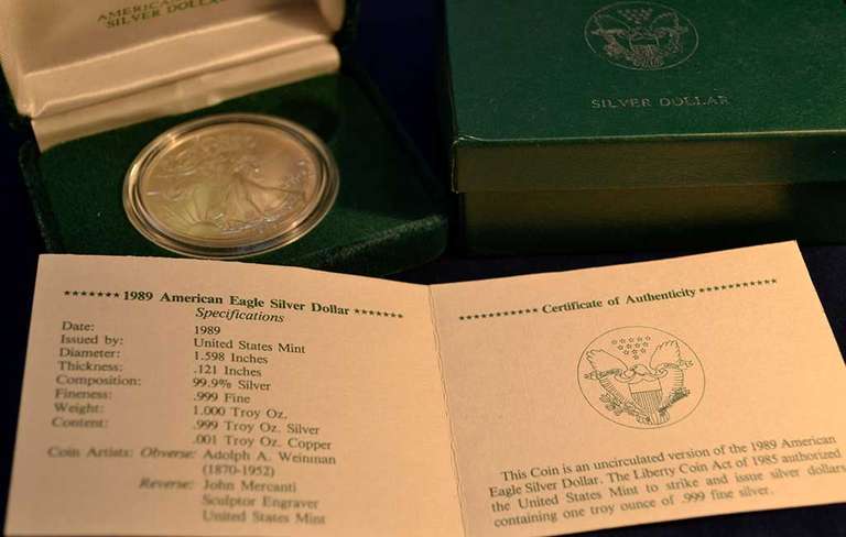 1989 Silver Eagle with Box and Paper