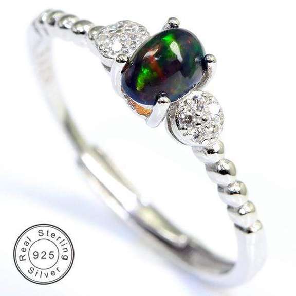 GENUINE ETHIOPIAN BLACK OPAL & CREATED WHITE SAPPHIRE 925 STERLING SILVER ADJUSTABLE OPEN RING 0.30 CT GENUINE ETHIOPIAN BLACK OPAL 925 STERLING SILVER RING