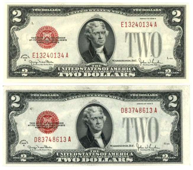 Two (2) Gem CU 1928-G Series $2 Red Seal Notes