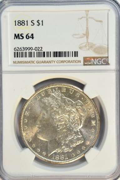 Lovely near Gem 1881-S Morgan Silver Dollar. NGC MS64