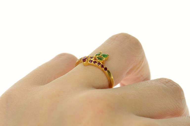 22K Yellow Gold Ruby Emerald Leaf Cluster Bypass Statement Ring