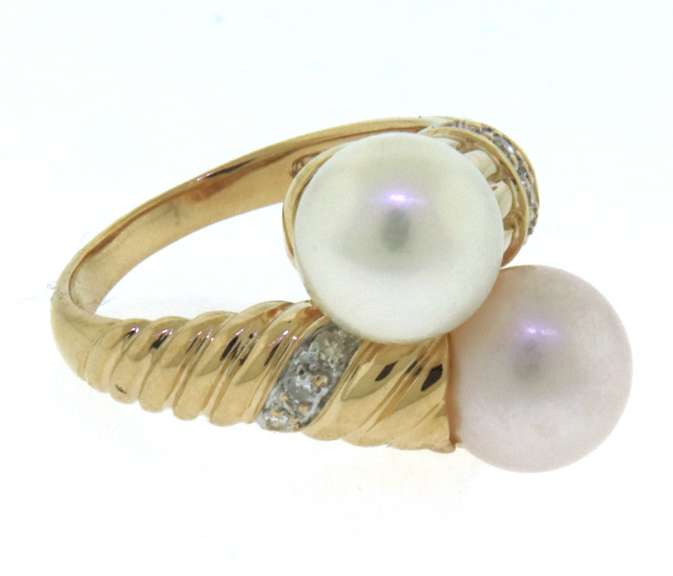 Formal Yellow Gold Double Pearl & Diamond Bypass Ring