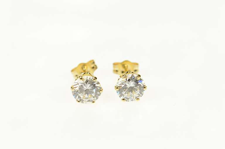 14K Yellow Gold Round Cubic Zirconia Solitaire Classic Stud Earrings