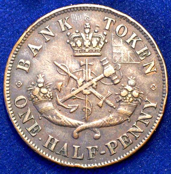 2 Canadian Coins. 1850 Halfpenny Bank Token, 1858 Province Of Canada One Cent Medal Alignment.