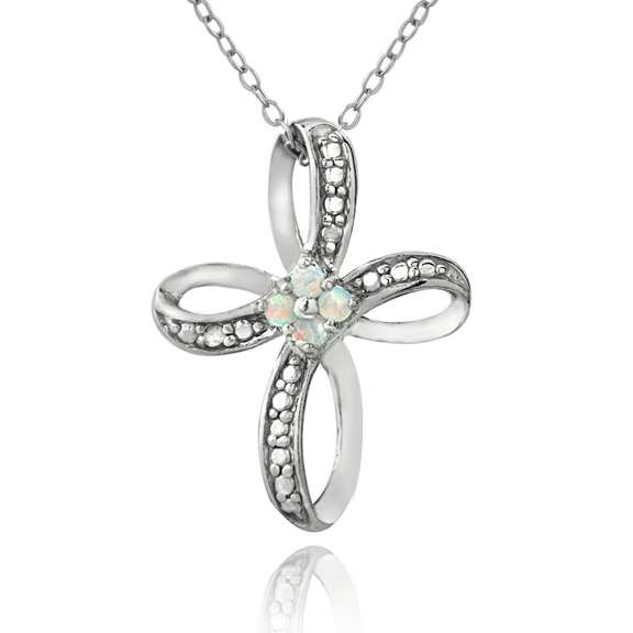 Sterling Silver Created White Opal & Diamond Accent Cross Pendant