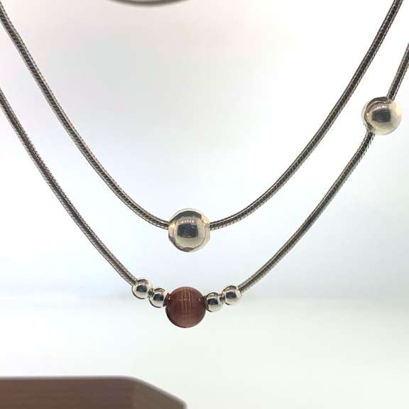 Sterling silver double strand necklace with orangish/brown and silver beads