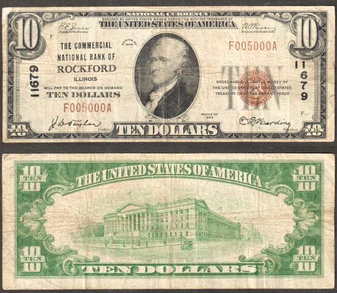 $10 1929 NBN Rockford, IL Ch.11679 =Serial Number #5000= VF