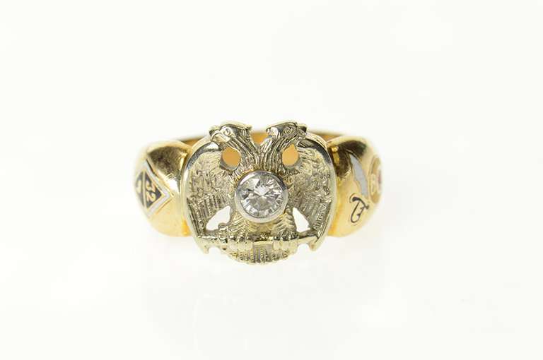 14K Yellow Gold Ornate Masonic Diamond Eagle Enamel Ring